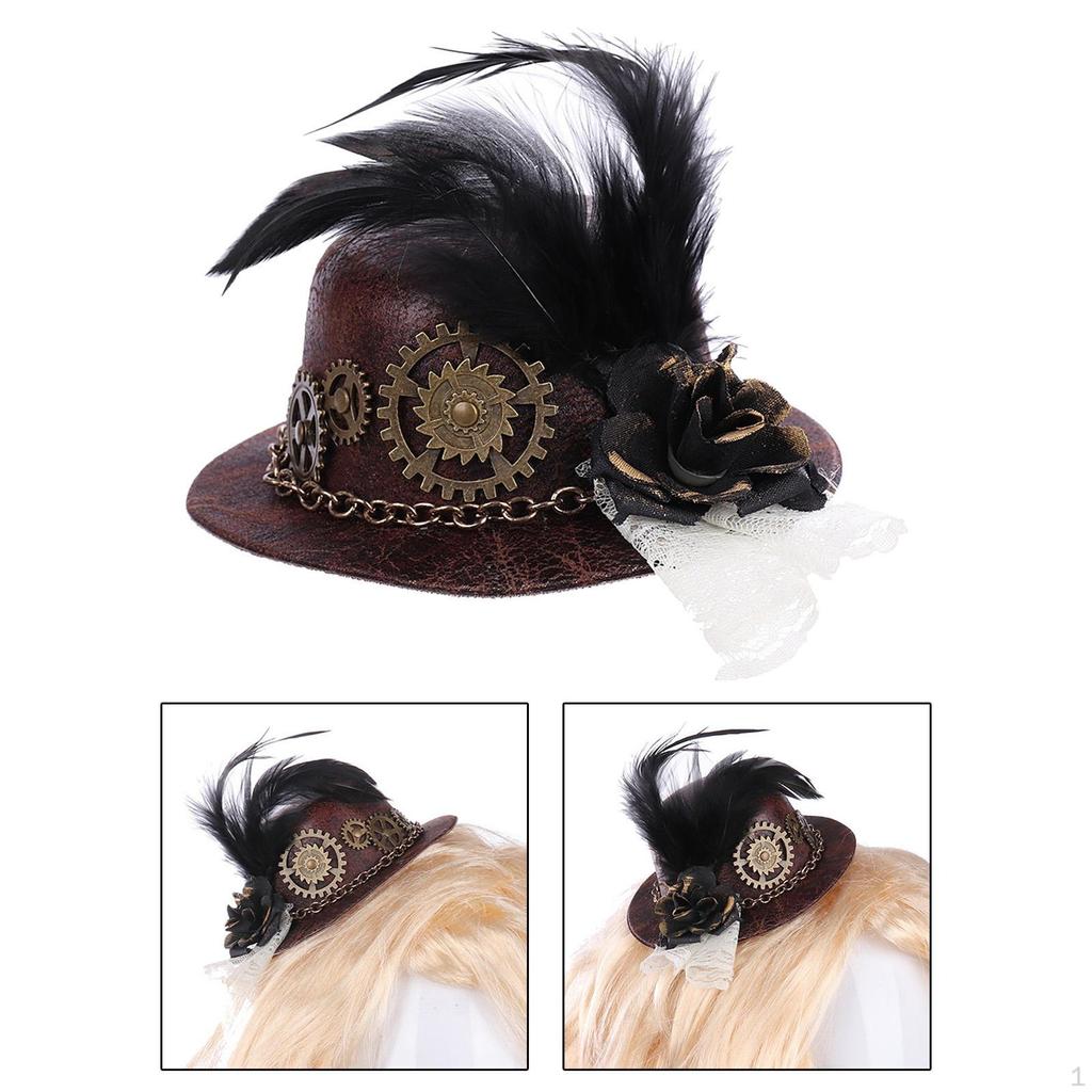 Punk Gothic Mini Top Hat with Gear Feather Hair Clip, Costume Head Wear