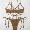 Летний купальник, женский комплект бикини, однотонный купальник на шнуровке