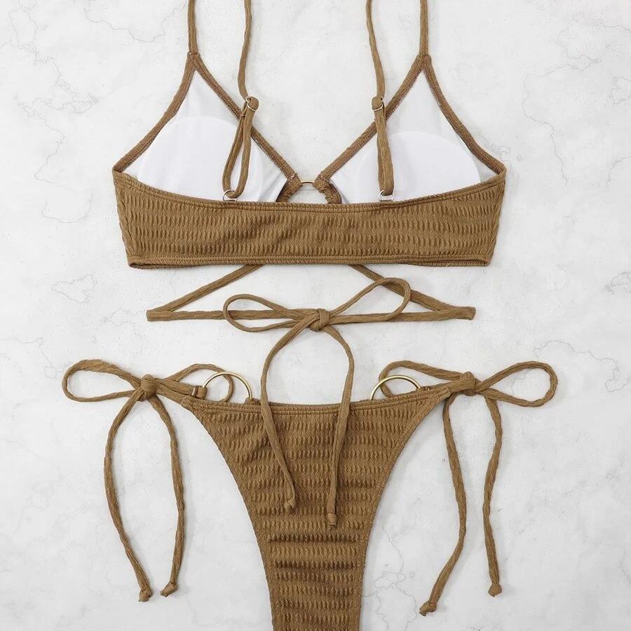 Летний купальник, женский комплект бикини, однотонный купальник на шнуровке