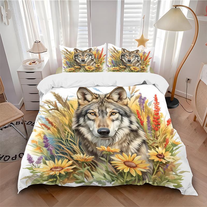 3pcs Wolf Amidst Sunflowers and Lavender Quilt Set - Soft and Comfortable Bedroom, Guest Room and Dorm Decor Bedding Set 1 Quilt Cover + 2 Pillow