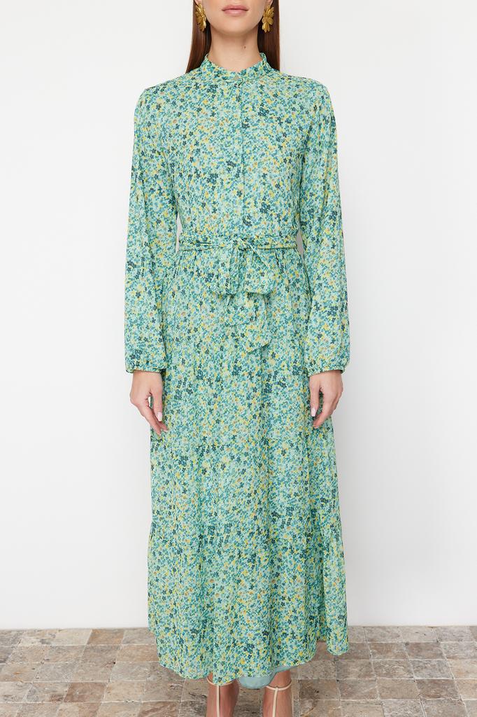 Женское платье-хиджаб, новый сезон, модное изумрудно-зеленое шифоновое тканое платье с поясом и высоким воротником на подкладке