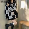 Mid Checkerboard Knitted Sweater Autumn Women Casual Thick Warm Loose Long Sleeve Tops Patchwork All Match Jumper