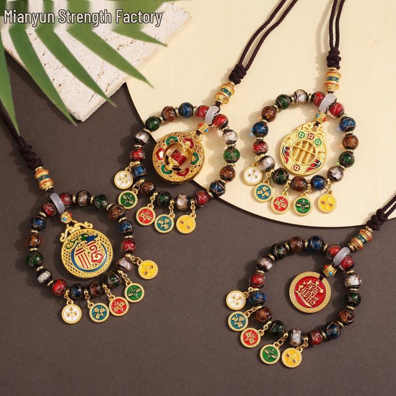 Tibetan Wealth God Zhakila Lhamo Incense Ash Glass Pendant - Five Directions Car Charm, Metal Retro Style