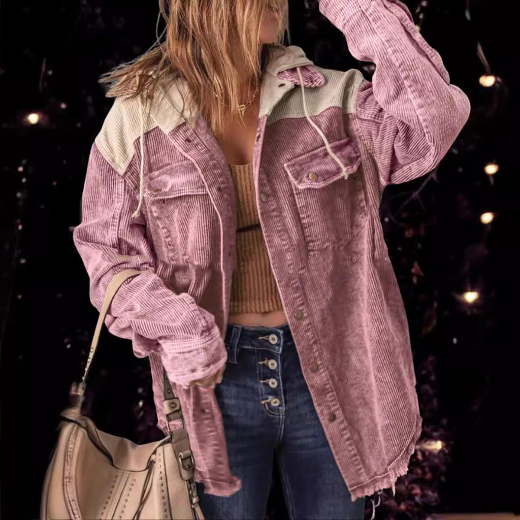 Женская осенняя вельветовая куртка с капюшоном и длинными рукавами с пряжкой и капюшоном с карманом