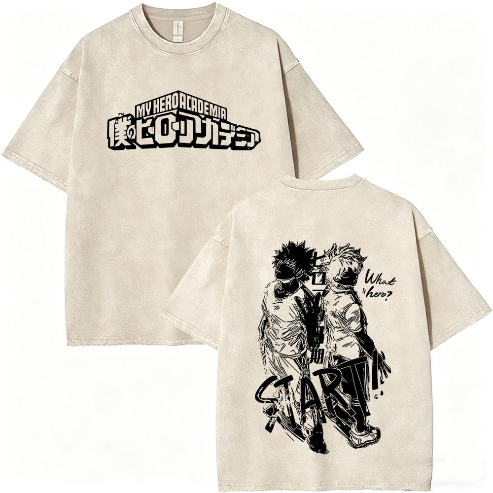 Anime My Hero Academia Shoto Todoroki Vintage Washed Tshirt Men Women Casual Retro Oversized T Shirts Cartoon Harajuku Tshirts