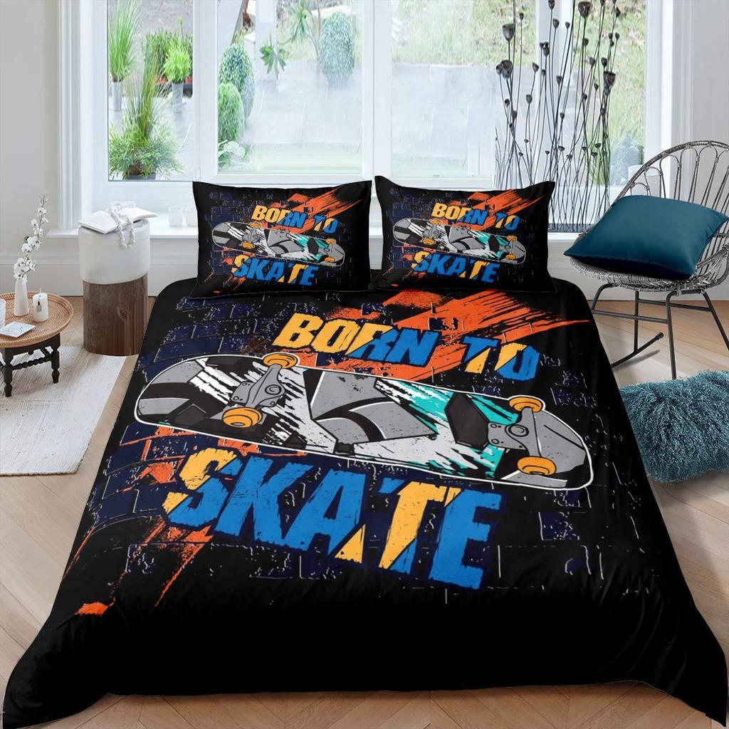 Skateboard Duvet Cover Set For Kids Teens Queen Size Lightweight Down Comforter Covers 2 Pillowcases 1 Comforter Cover No Quilt