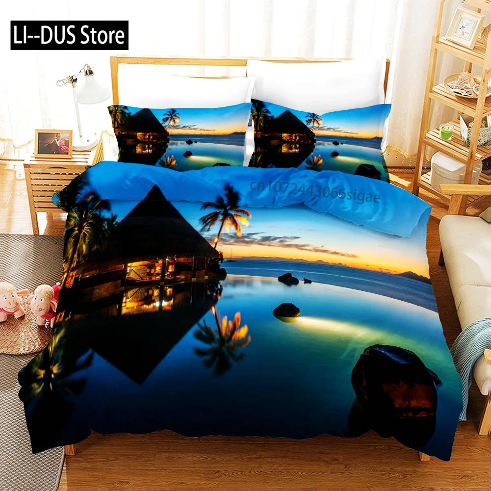 Tropical Duvet Cover Set King Size Microfiber Palm Trees Silhouette Sunset Tropical Beach Coastline Exotic Vacations Bedding Set