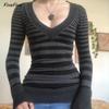 FiveFive Y2K Grunge Vintage T Shirt Black Grey Striped V Neck Long Sleeve Jumper Tops Chic Women Autumn Retro Goth Sweaters