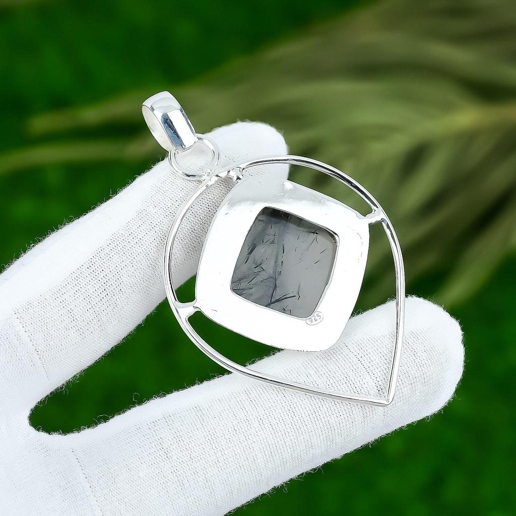 Natural Black Rutile Gemstone Pendant 925 Sterling Silver Indian Jewelry
