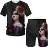 Летние комплекты одежды из 2 предметов, футболка и шорты, спортивный костюм, мужская уличная одежда больших размеров из ткани, винтажные мужские комплекты с 3D принтом в готическом стиле с черепом