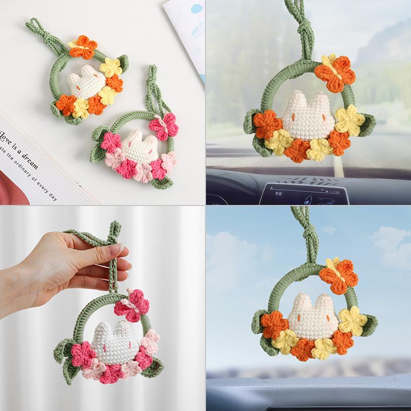 Creative rabbit fur yarn knitting car pendant exquisite girl's car rearview mirror hanging ornament flower car hanging material pack