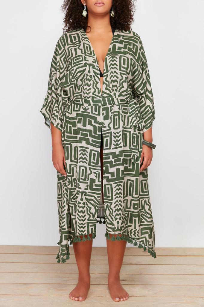 Women's Style Plus Size Beige Kimono & Kaftan with Tassel Hem