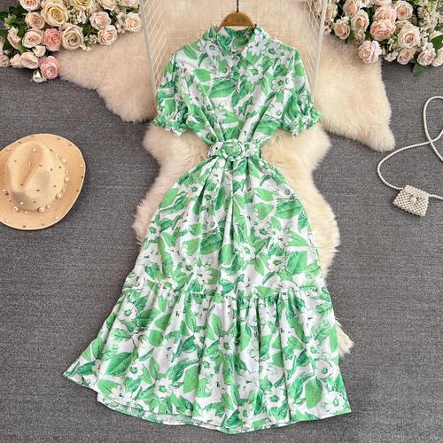 Vintage Robes Puff Short Sleeve Lapel Neck Vestido Wrapped Waist Slim Medium Length A-Line Print Dress