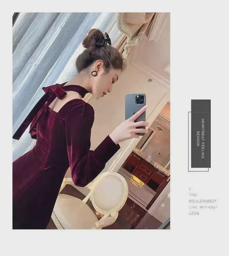 Elegant French Hepburn-Style Red Velvet Dress - Luxury, High-End Design