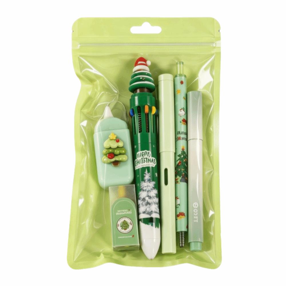 6Pcs/Set Cartoon Christmas Stationery Set Highlighter Pen Back To School Student Tools Gift Kit Eternal Pencil Eraser