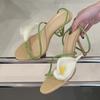 Summer Fashion Morning Glory Open Toe Slip On Back Strap Sandals Women Green High Heels Wedding Prom Shoes Zapatos Mujer