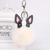 Fashion Fluffy Rabbit Fur Ball French Bulldog Keychain Pompom Key Chain PU Leather Animal Dog Keyring Holder Bag Charm Trinket Chaveiros