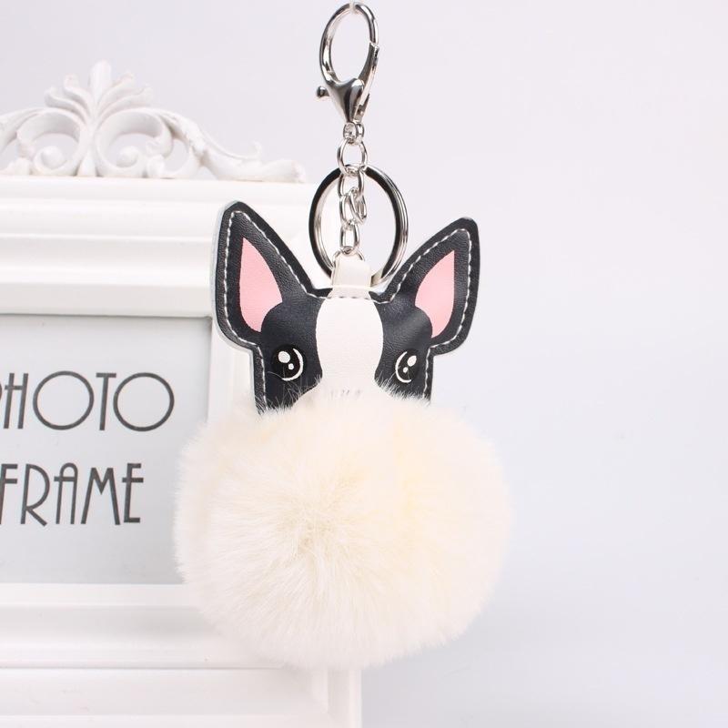 Fashion Fluffy Rabbit Fur Ball French Bulldog Keychain Pompom Key Chain PU Leather Animal Dog Keyring Holder Bag Charm Trinket Chaveiros
