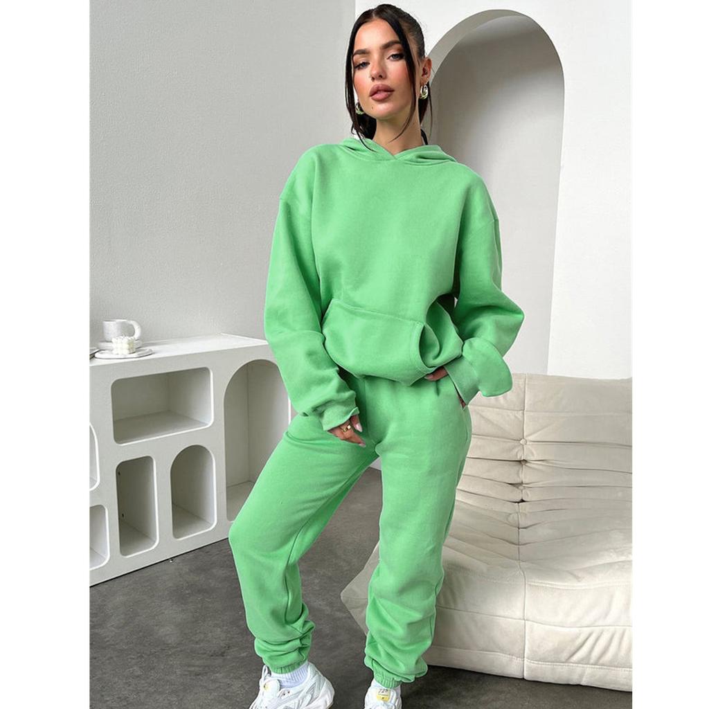 Женский однотонный комплект осенне-зимнего флисового свитшота с длинными рукавами и капюшоном, модный повседневный толстовка, брючный костюм