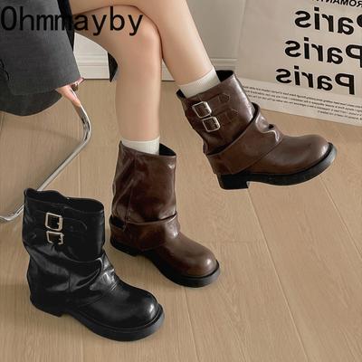 Осень Зима Пряжка Ремня Женские Сапоги-трубы Мода Обувь для увеличения роста Винтажная Платформа Толстая Подошва Женские Рыцарские Короткие Ботильоны