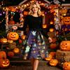 Women's Long Sleeve Halloween Dress Round Neck Casual Midi Dress with Printed Skirt and Waist Tie for Seasonal Occasion