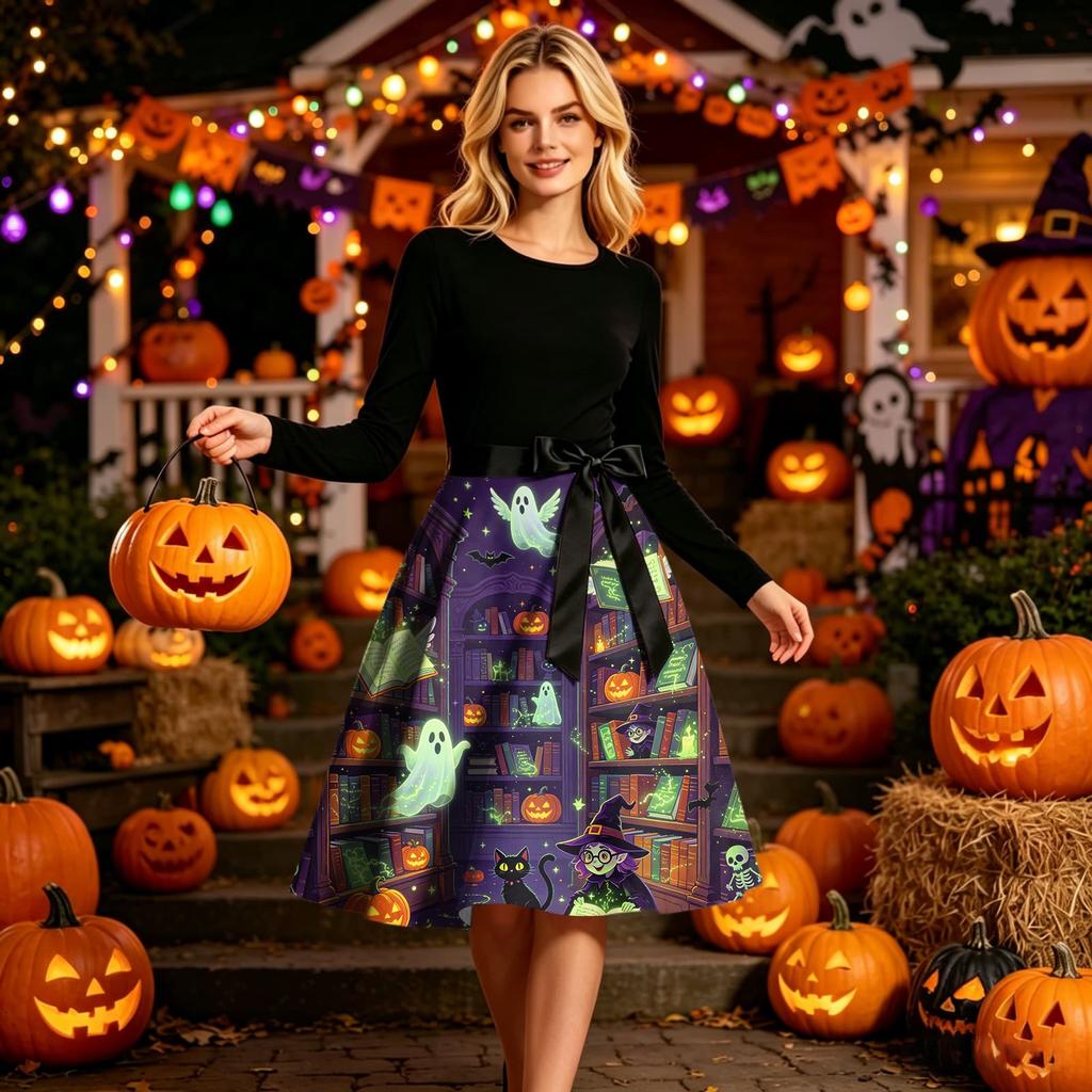 Women's Long Sleeve Halloween Dress Round Neck Casual Midi Dress with Printed Skirt and Waist Tie for Seasonal Occasion