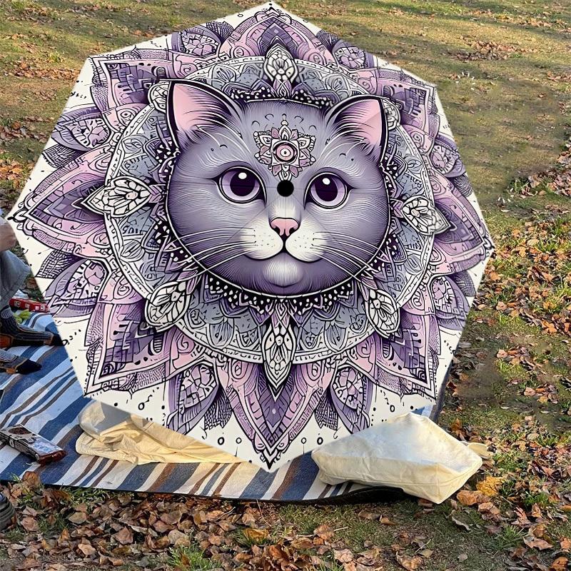 1PC Cat Mandala Umbrella-8-Rib Reinforced, Automatic Open, Lightweight & Durable, Cute Fashion Accessory for Outdoor-P2673