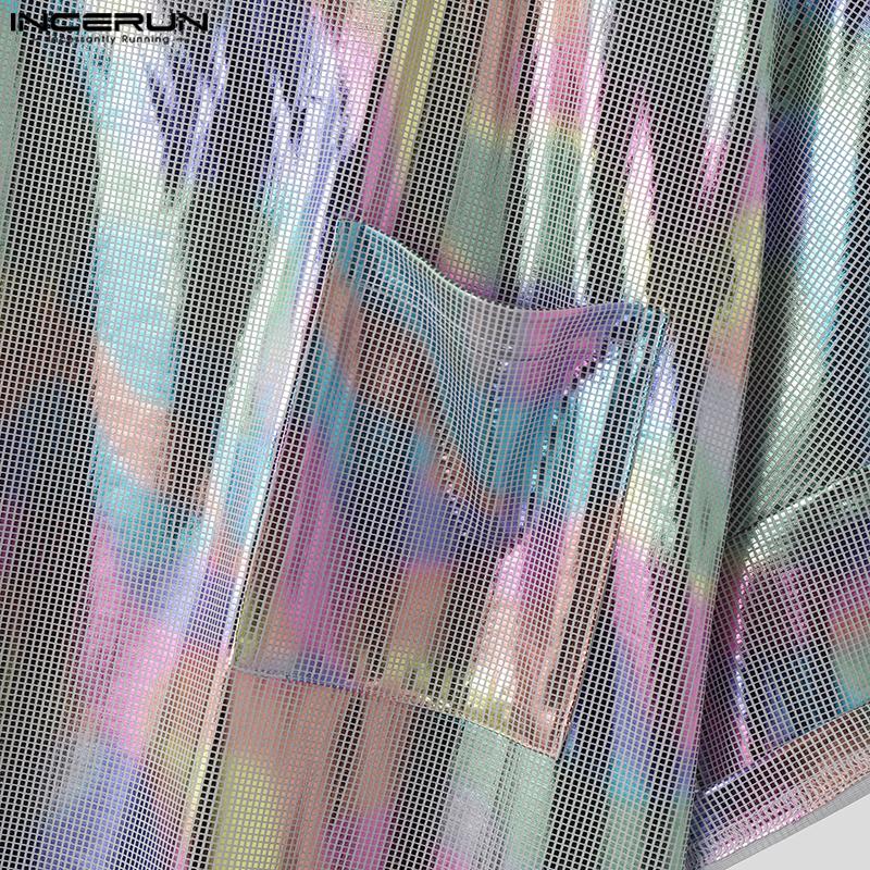 INCERUN Летние мужские блестящие топы с короткими рукавами с круглым вырезом и мокрым эффектом