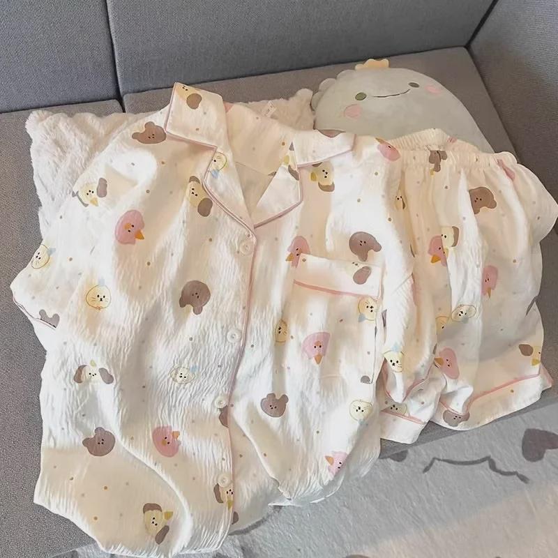 2024 Милый мультяшный женский хлопковый пижамный комплект - летний с короткими рукавами и шортами