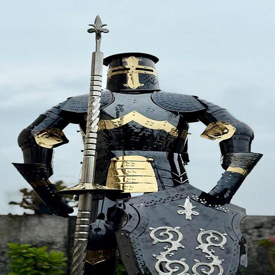 Full Body Templar Knight Armor Black Stainless Steel Suit with Mirror Finish Stand for Cosplay, LARP, Display And Reenactment Use