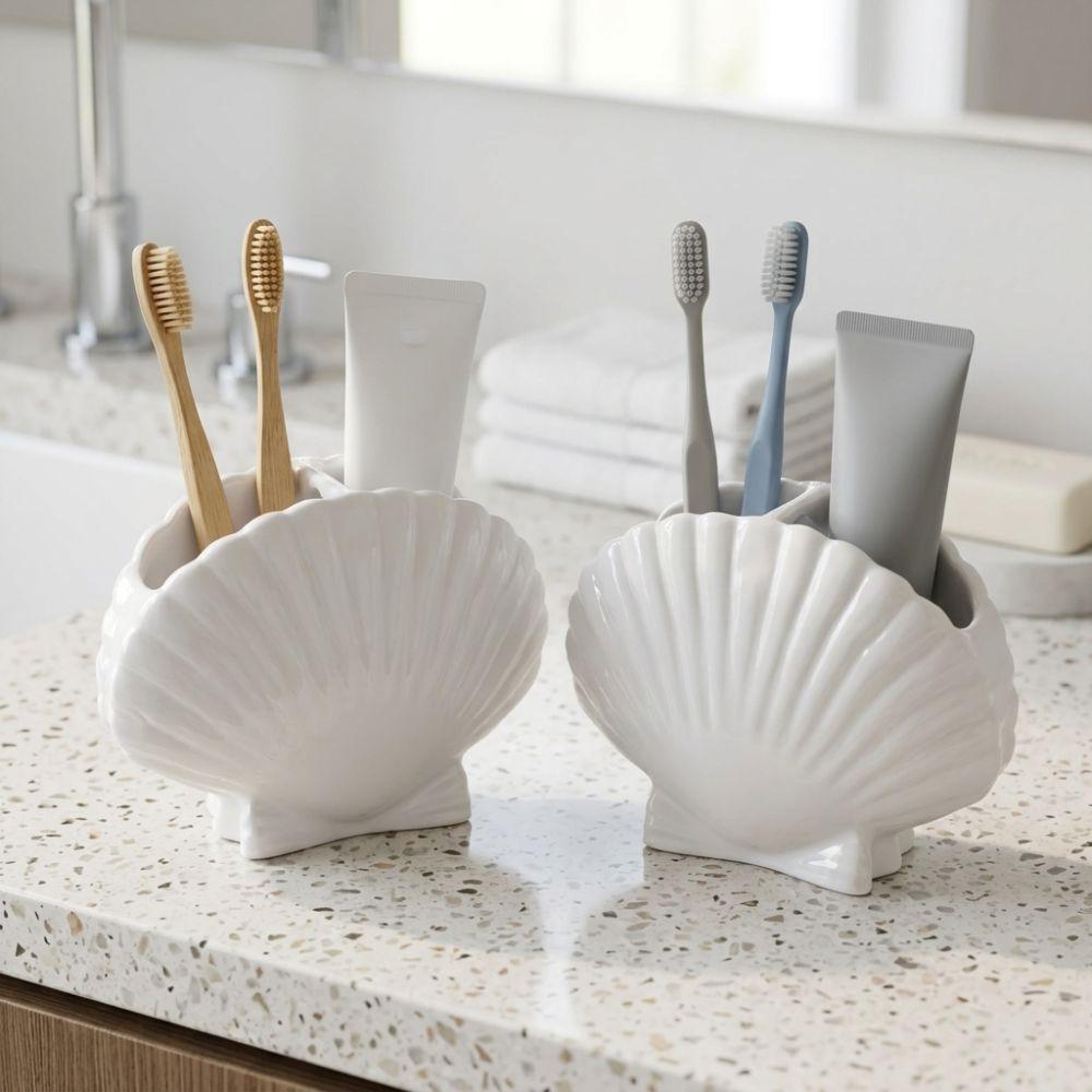 Coastal Style Toothpaste Toothbrush Stand 3D Seashell Makeup Brush Holder Pen Holder Washbasin