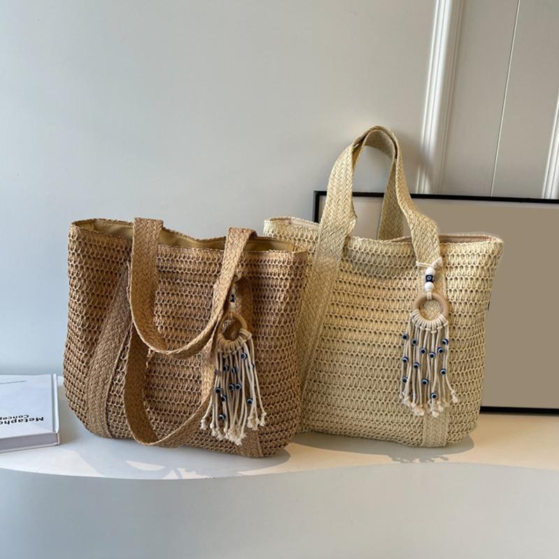 Yogodlns Летняя соломенная большая вместительная женская сумка через плечо с кисточками и плетеной пляжной сумкой-тоут