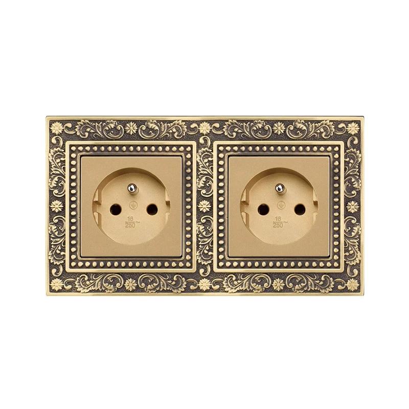 Luxury European Retro Metal Button Switch panel,EU France Standard Copper Wall socket,Universal Light Home Switch Power Outlet