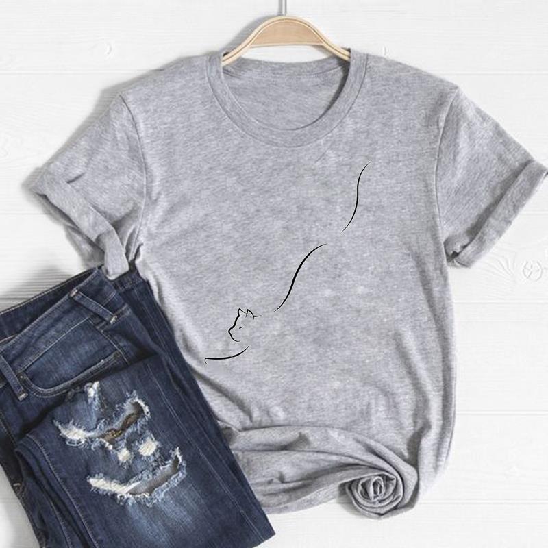 Футболка, модная футболка с котом, домашним животным, милый стиль, милая одежда 90-х годов, повседневная женская футболка с коротким рукавом и принтом, женская женская футболка с графикой