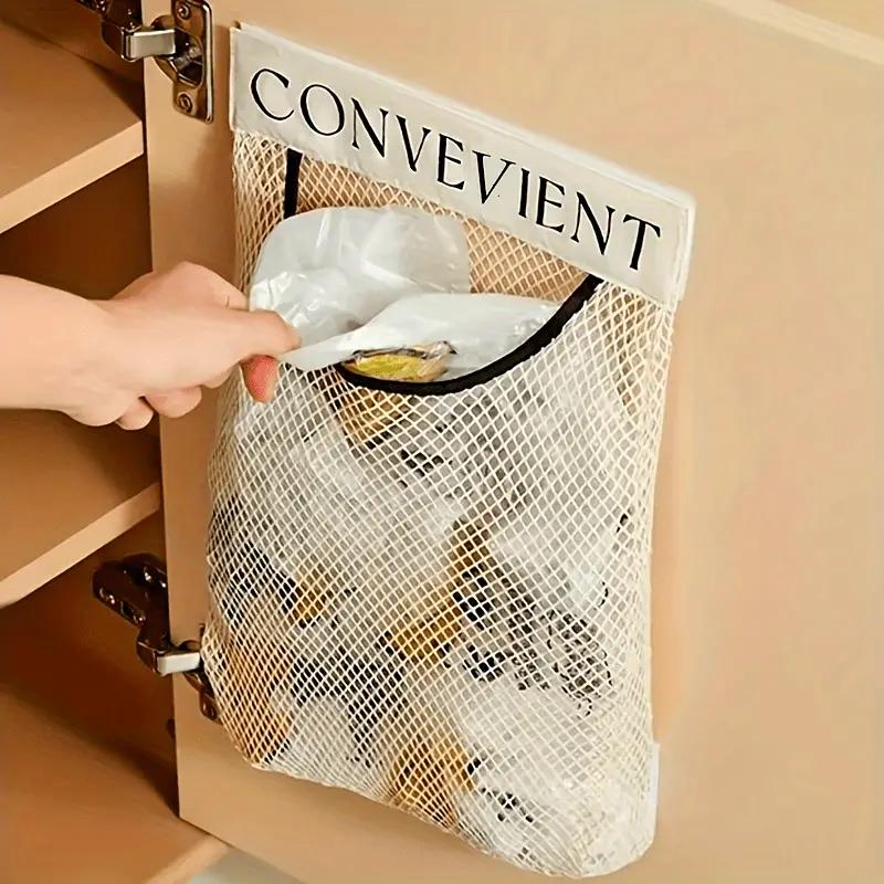 Wall Mount Mesh Storage Bag Garbage Bag Holder Plastic Shopping Bags Dispenser Sundries Bag Net Storage Grocery Bag Organizer