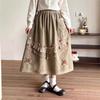 Forest Embroidery Lace Corduroy Skirt Autumn Vintage Patchwork Lace Floral Women Loose Skirts
