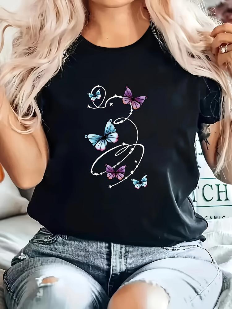 Butterfly Pattern Print Casual Tshirt Round Neck Short Sleeved Unisexs Comfortable Tshirt Top Funny Casual Clothing