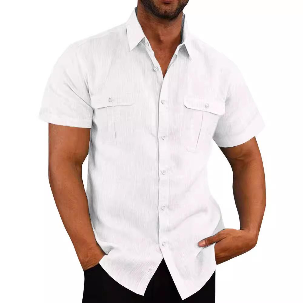 Men's Shirt Double Pocket Cotton Linen Short Sleeve Shirts for Men Casual Holiday Beach Shirt Streetwear Solid Color Slim Fit