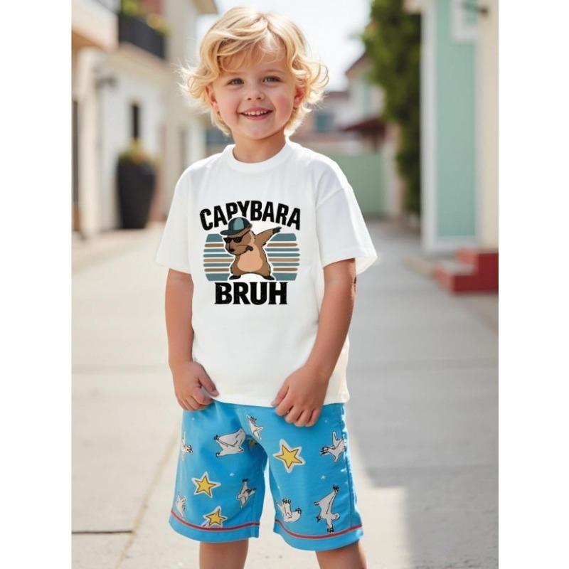 Европейские размеры Детская футболка с графическим принтом "CAPYBARA BRUH" - Футболка с дизайном капибары, Мягкая дышащая ткань для повседневной носки