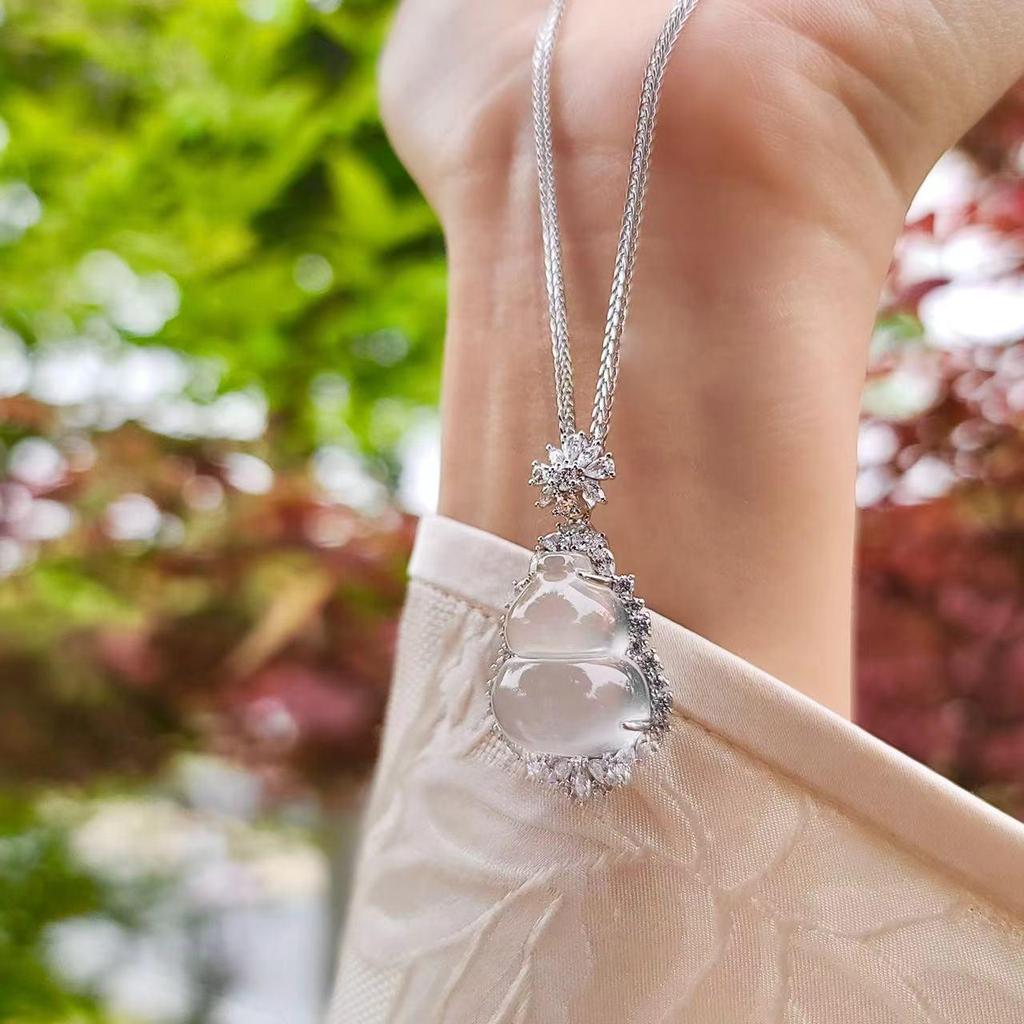 Подвеска-тыква из чистого серебра S925 с натуральным миццонитовым жадеитом - Высокий сорт льда для женщин, с китайским шармом Фу Лу