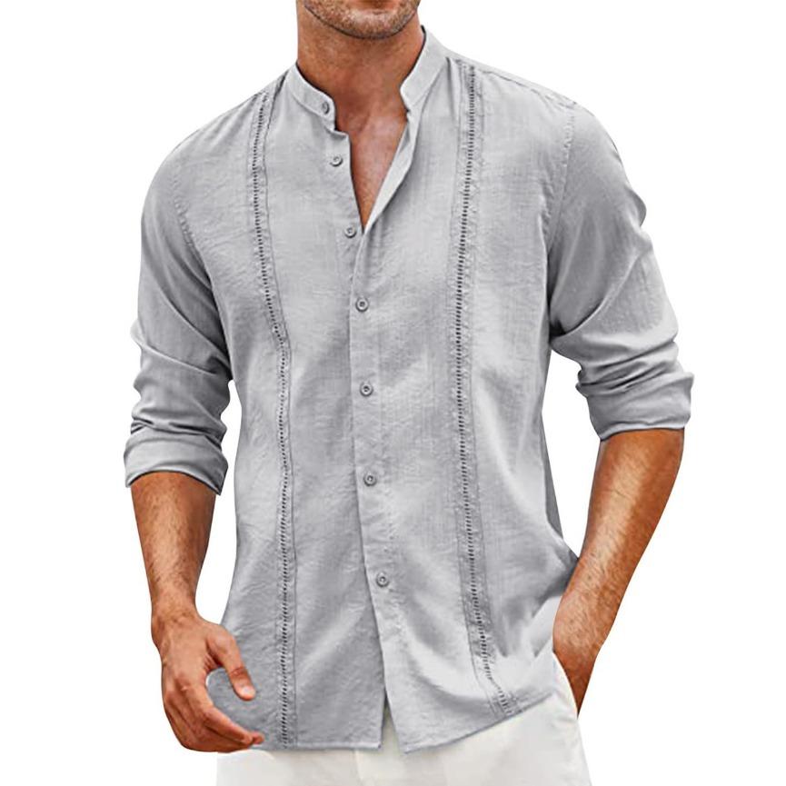 Cotton Linen Shirt Stand Up Collar Men's Shirt Casual Buttons Summer Beach Vacation Tops Grey Black White Khaki Shirts