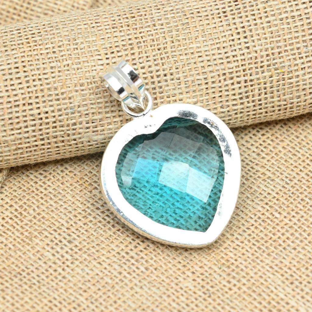 Blue Topaz Heart Gemstone Jewelry Handmade 925 Solid Silver Pendant For Her