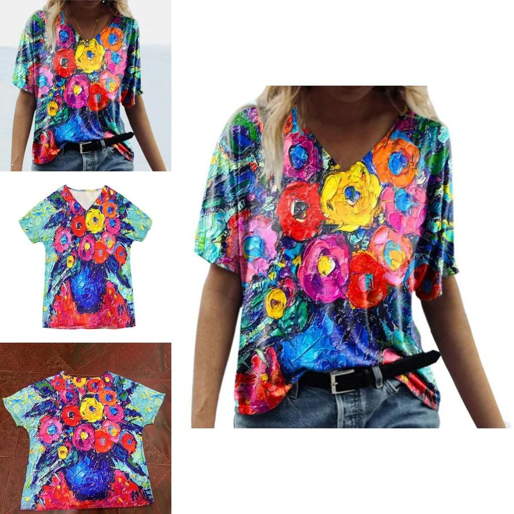 Summer Casual T Shirt With Floral Print And V Neck For Women