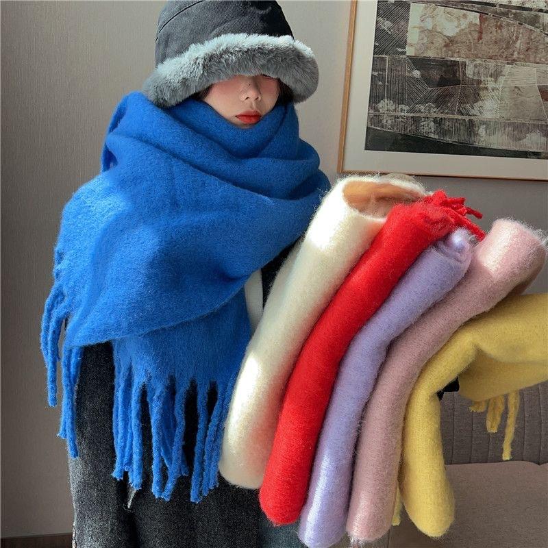 Новый женский шарф из мохера, женский зимний теплый утолщенный однотонный длинный шарф, мягкая грубая шаль с кисточками из вискозы, шали с запахом