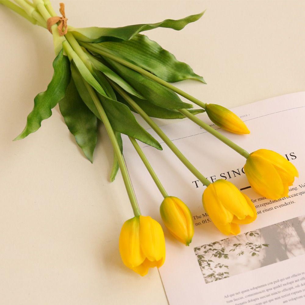Real Touch Fake Flower 5 Heads Artificial Flower Realistic Tulips Bouquet