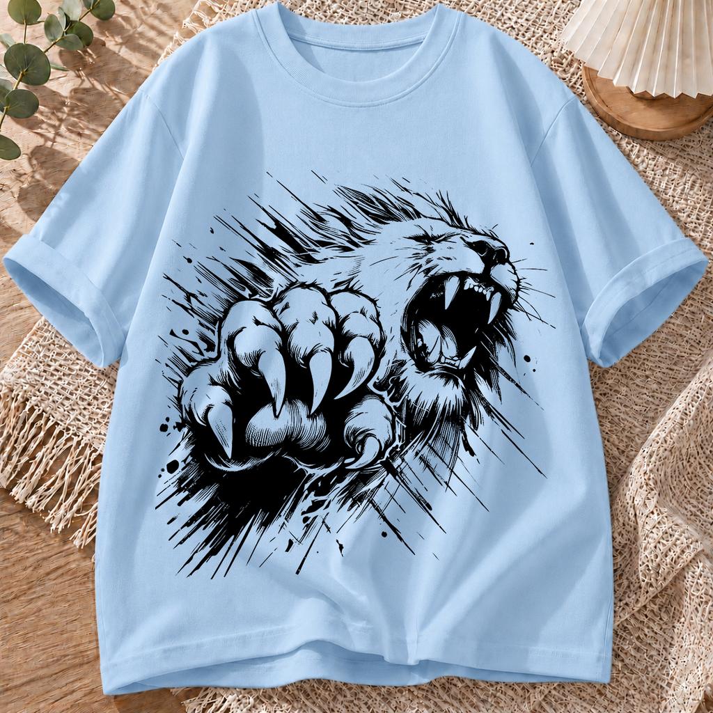 2026 New Pure Cotton Tshirt Bold Lion Claw Ink Style Print Unisexs Fashion Crew Neck Top Casual Short Sleeve