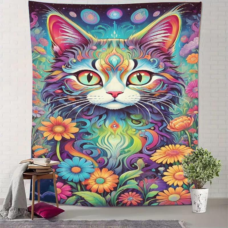Colorful Magic Cat Blooming Flowers Digital printing polyester wall tapestry suitable for use in living rooms offices bars party