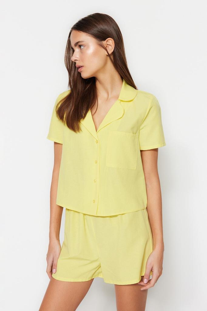 Women's Fashion Green Terrycotton Shirt-Shorts Woven Pajama Set