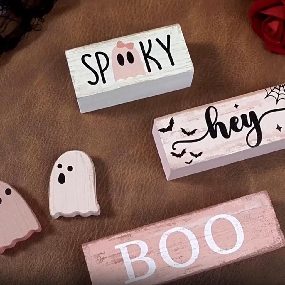 Halloween Ghost Sign Table Decor Coffee Ghost Wooden Sign Halloween Tiered Tray Decor Centerpiece Block Display Decorative