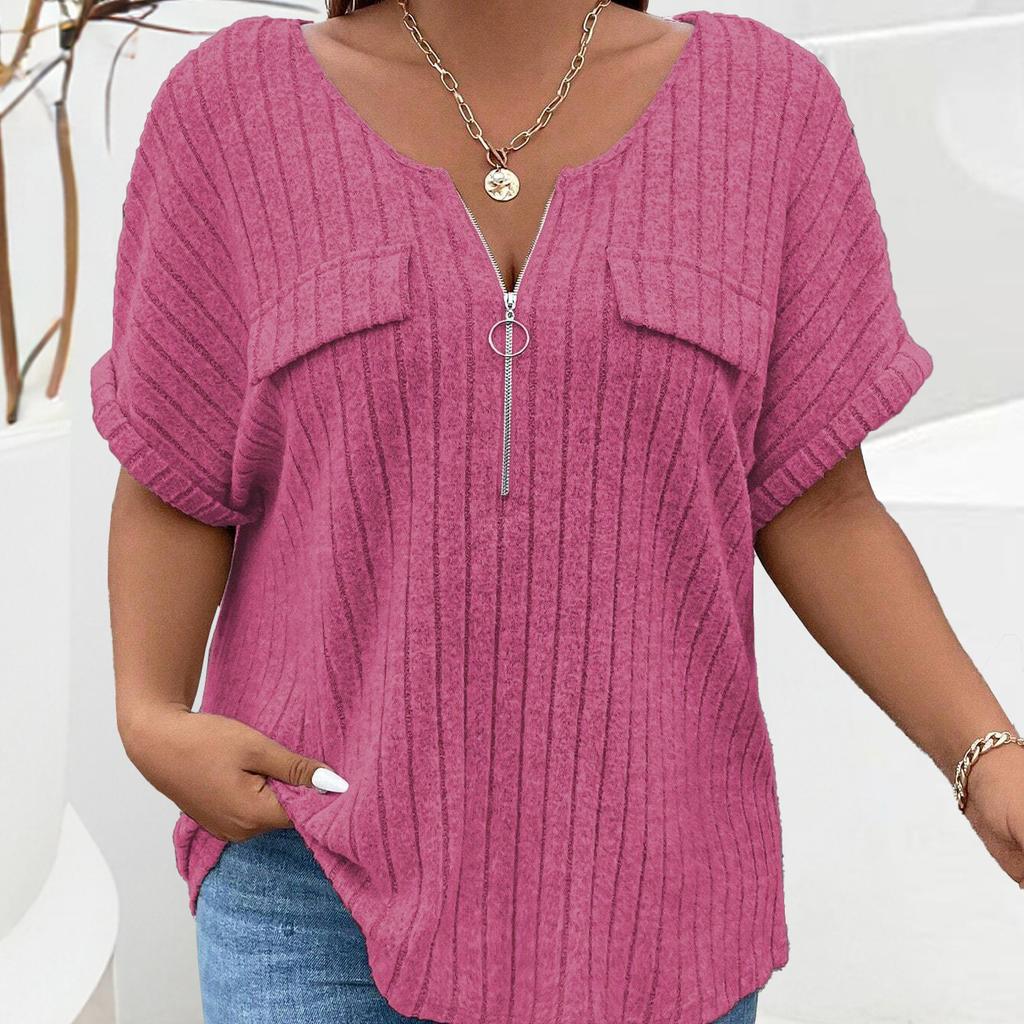 Spring and Summer New Solid Color Large Women's Top Zipper Short Sleeve Fake Pocket Pullover T-shirt Loose